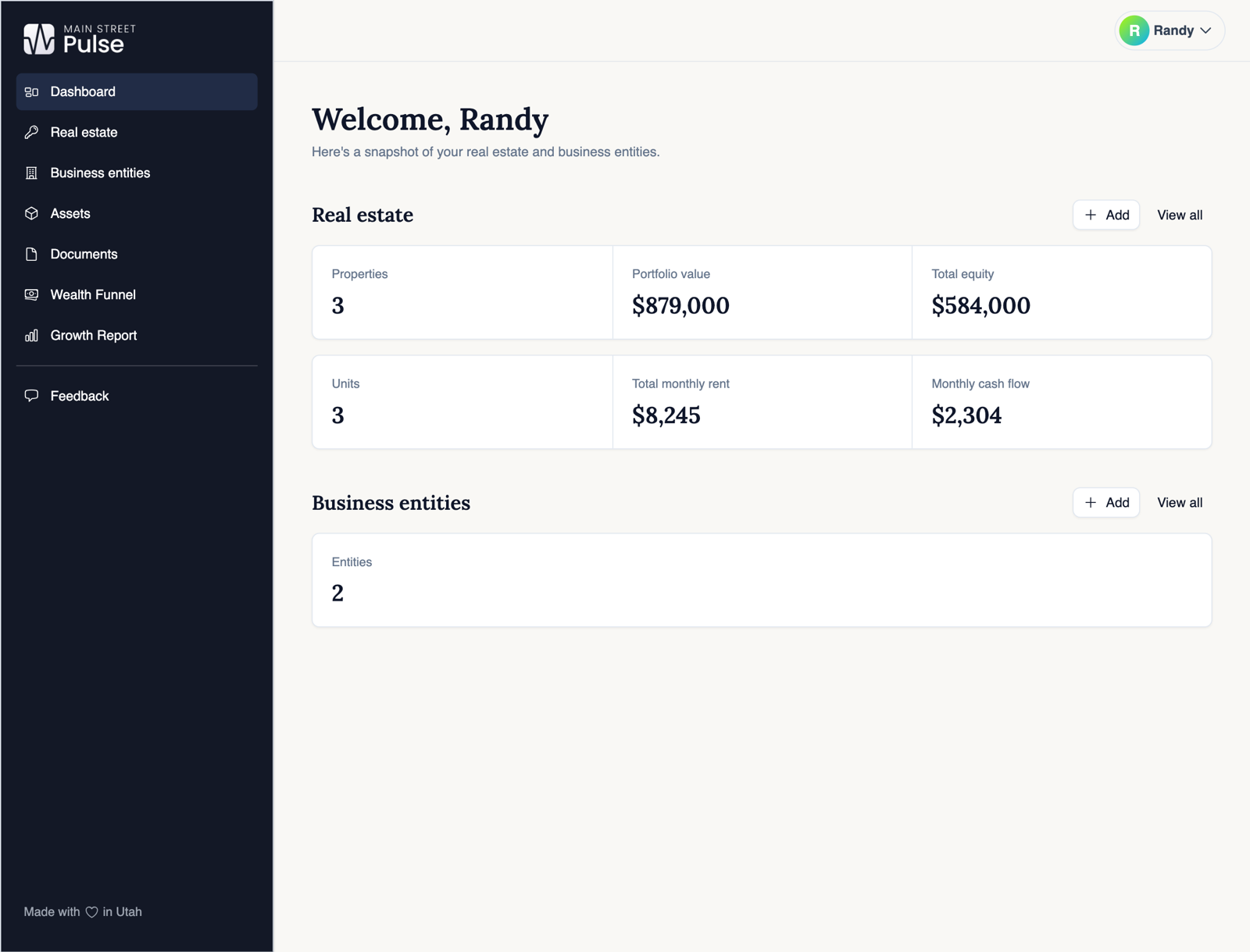 Dashboard summarizing real estate portfolio value, equity, cash flow, and business entities