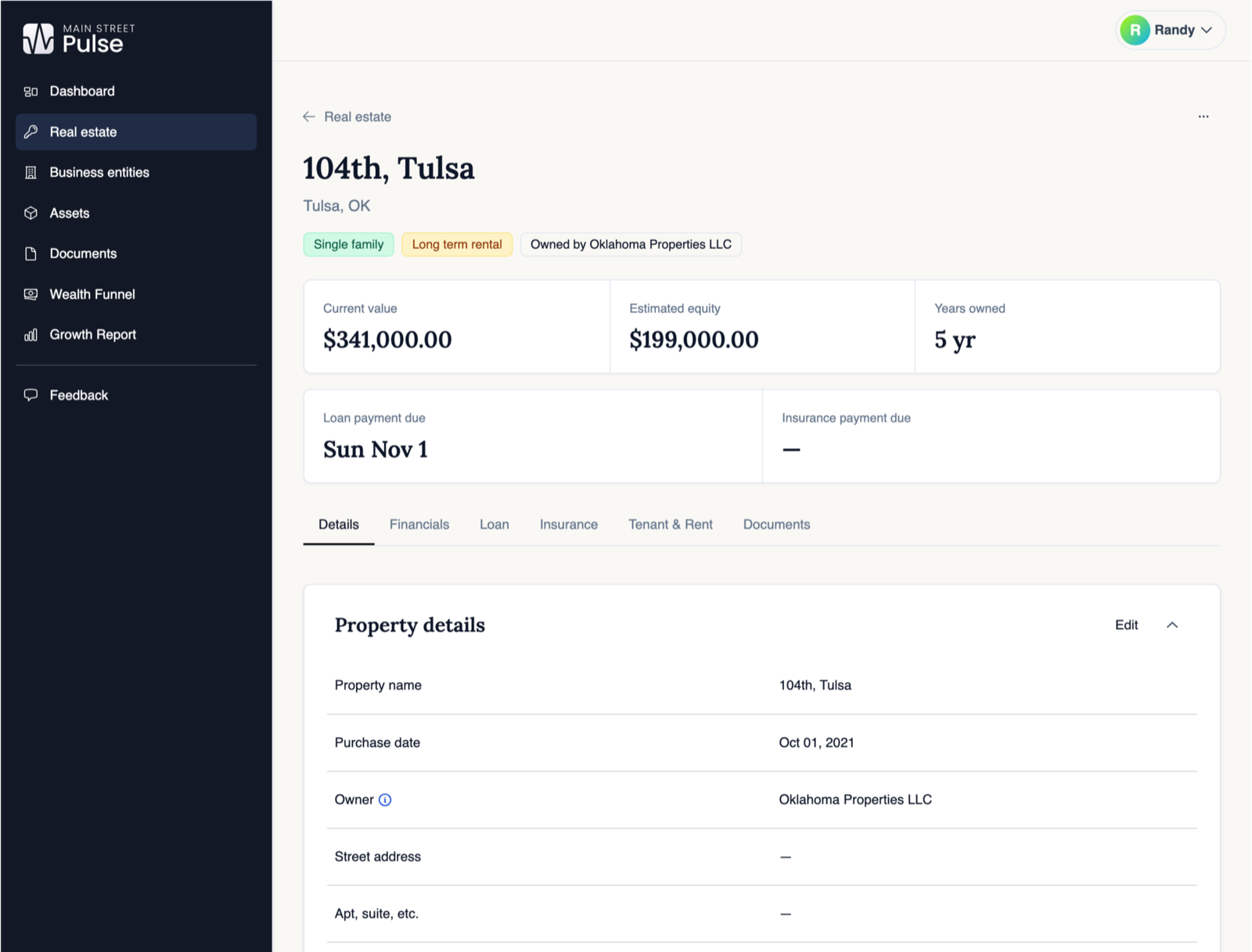 Property page showing current value, estimated equity, and loan payment due dates