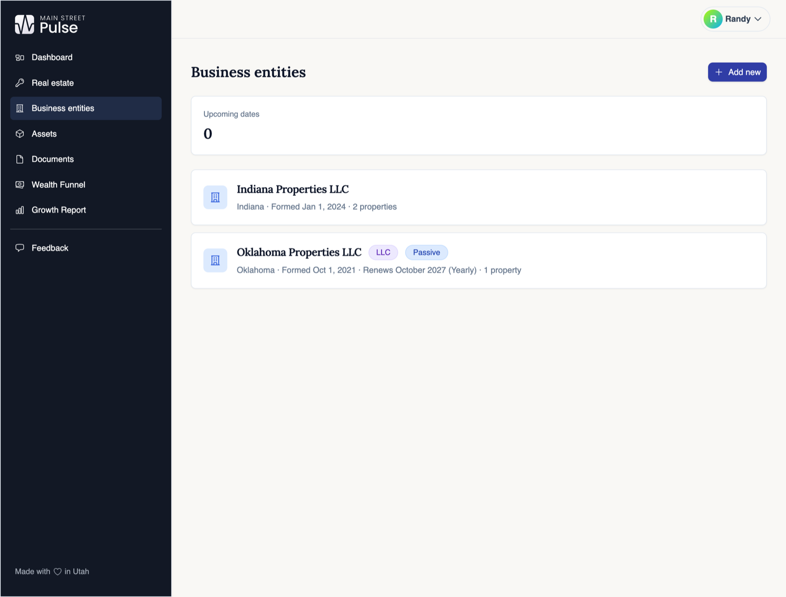 Business entities view listing your LLCs and upcoming dates