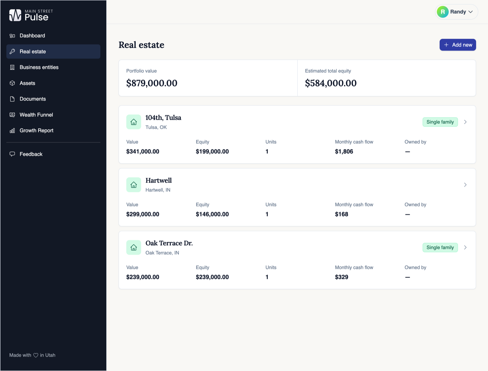 Real estate view showing portfolio value, equity, and cash flow per property